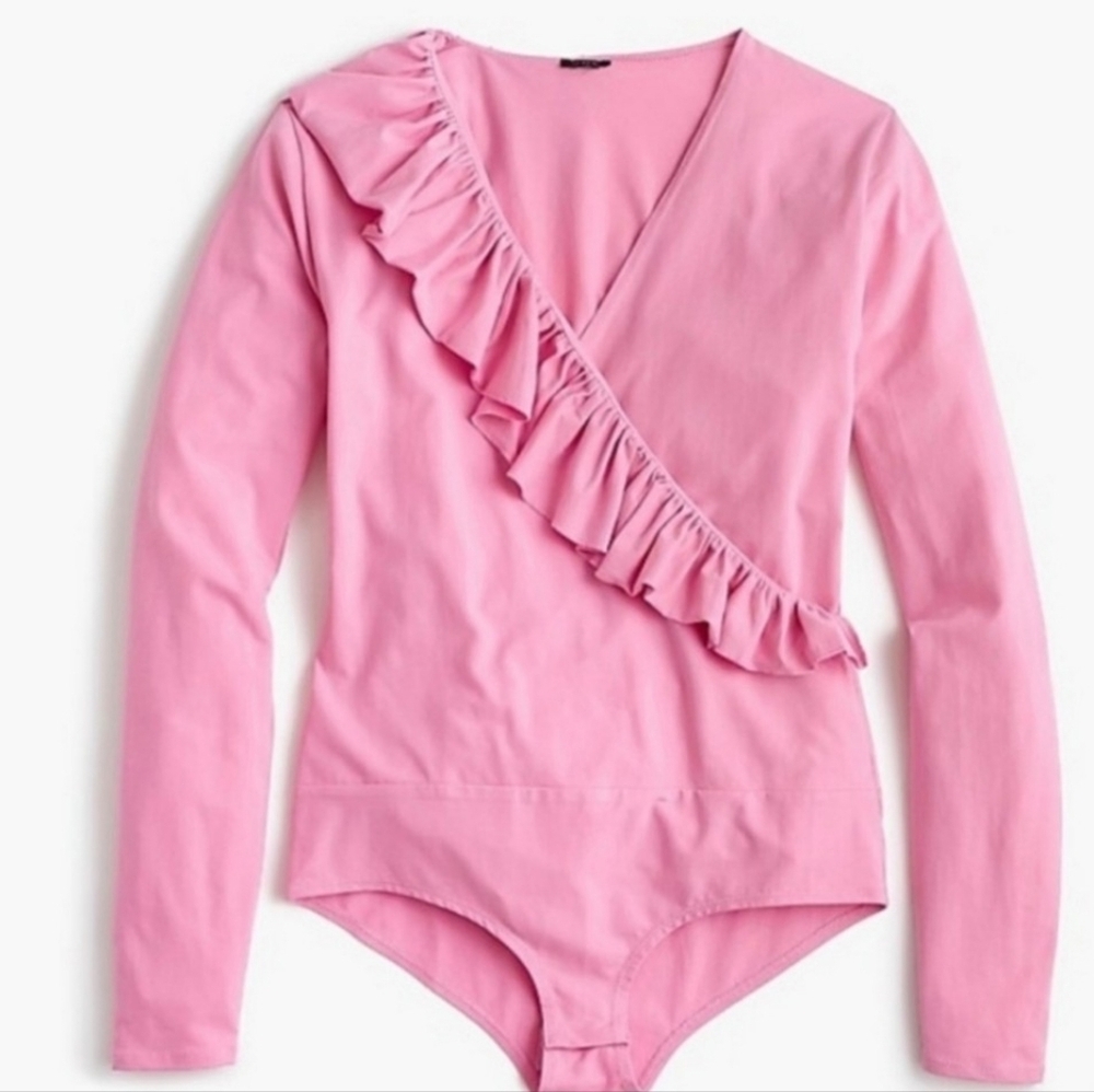 J. Crew Pink Ruffle Front Wrap Bodysuit Deep Blossom Size XS